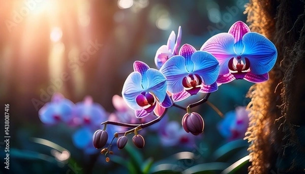 Fototapeta the orchidrs pink and blue hues appear to blush from within gracefully sunlight in tropical forest