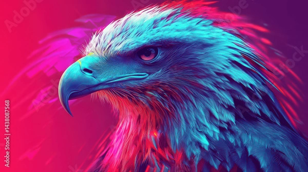 Obraz A striking depiction of an eagle features detailed feathers and an intense stare. The background glows with vivid colors, enhancing the majestic presence of the bird