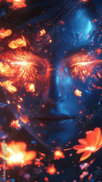 Obraz A mesmerizing figure with glowing eyes is adorned with colorful floral patterns, blending nature and technology against a deep blue backdrop. The night setting enhances the vivid colors