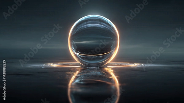 Obraz A glowing sphere rests on a calm, dark surface, reflecting light and creating an ethereal ambiance. The scene evokes a sense of peace and surreal beauty