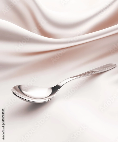 Obraz A polished silver spoon is elegantly placed on smooth, creamy fabric that flows gently. The serene composition highlights the spoon's reflective surface and the softness of the backdrop