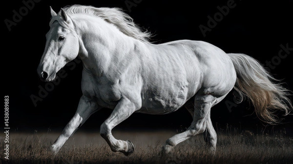 Obraz A stunning white horse gallops gracefully across an open field with a dark backdrop at twilight. Its mane flows freely, emphasizing the beauty of this magnificent creature in motion