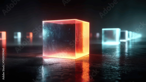 Fototapeta Illuminated cubes in vibrant colors are arranged on a dark reflective surface, creating a striking visual effect. This modern art display enhances the nighttime atmosphere