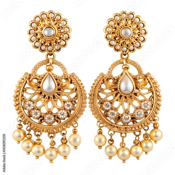 Obraz Elegant Gold and Pearl Drop Earrings Indian Jewelry Design isolated on transparent background