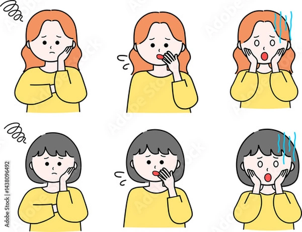 Obraz 女性イラストセット／悩む／困る／ショック