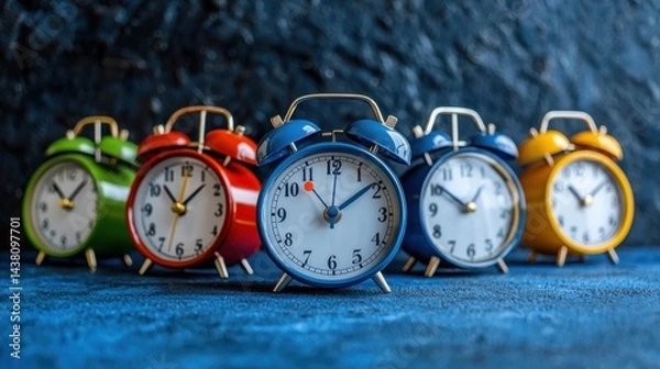 Obraz Colorful row of classic alarm clocks in various colors including green red blue white yellow on a textured blue background reflecting light