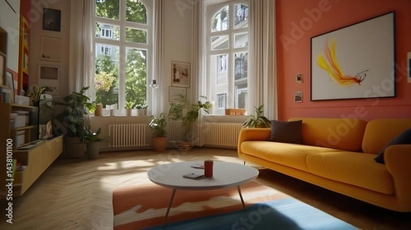 Fototapeta Modern Apartment Lounge with Bright Colors and Natural Light