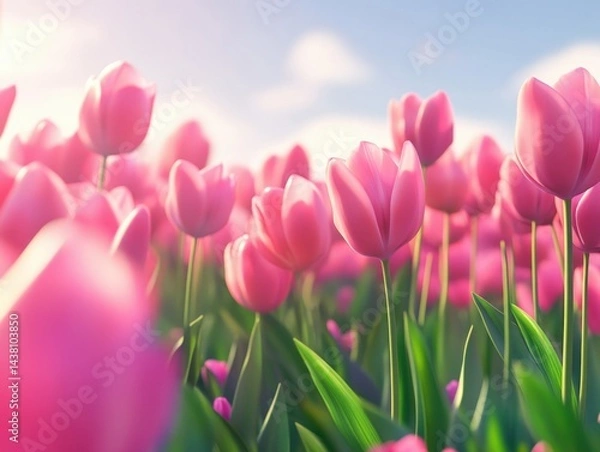 Fototapeta Vibrant, springtime bouquet of pink flowers in a field.