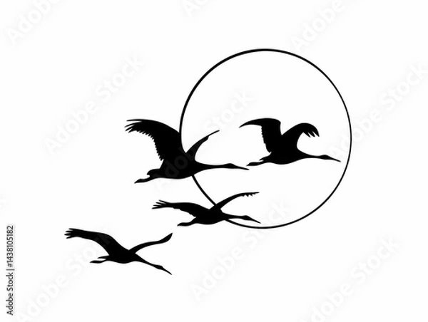 Fototapeta Silhouette of birds flying in V under a full moon, simple and bold vector illustration, dramatic contrast
