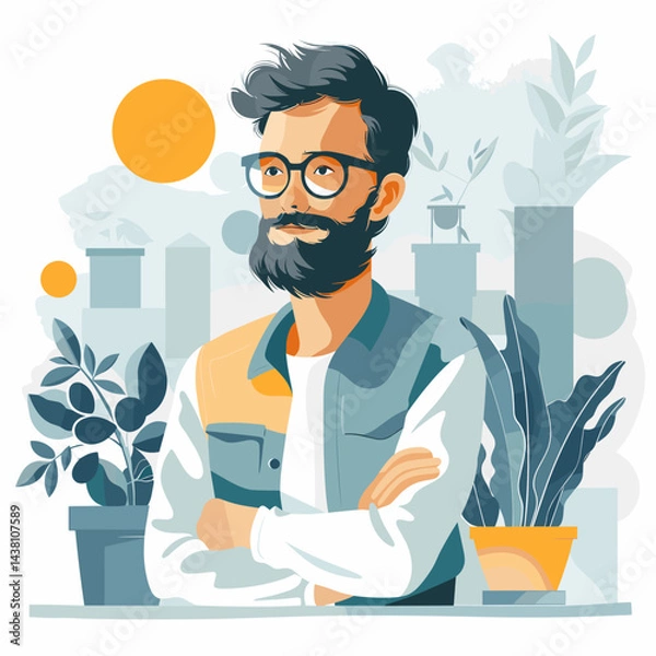 Fototapeta Hipster man with beard and mustache. Vector flat illustration.
