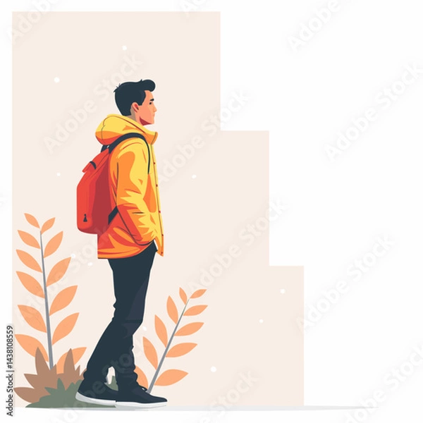 Fototapeta Hipster guy in aVector illustration of a young man in casual clothes standing in front of plants. yellow jacket. Vector illustration