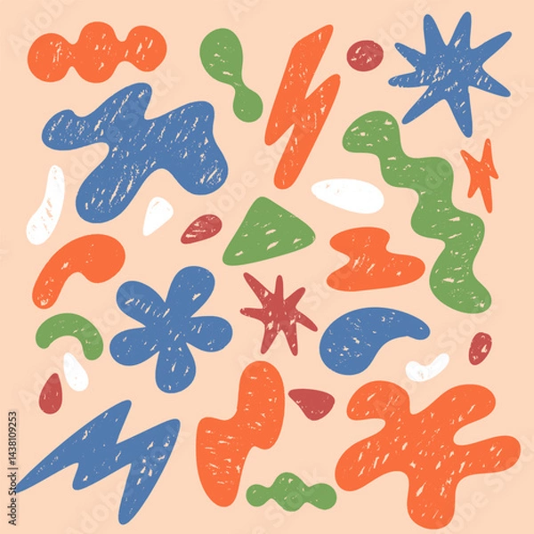 Fototapeta Color abstract geometric shapes and icons drawn with crayon. Doodle paint shapes with chalk hand drawn elements. Vector illustration