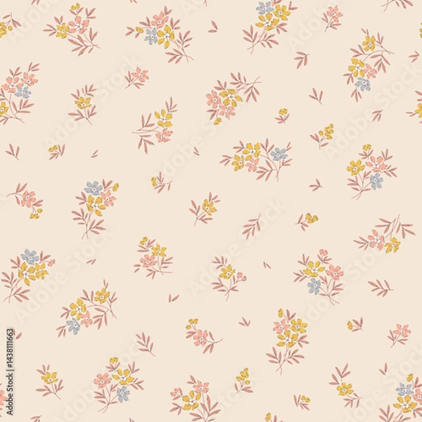 Obraz Cute floral pattern. Pretty flowers on beige background. Printing with small pastel flowers. Ditsy print. Seamless vector texture. Spring bouquet. Vintage template for fashion prints. Stock vector