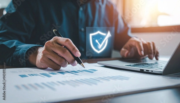 Fototapeta Data Security Analysis: A person meticulously reviews and analyses critical data with the integrated shield icon emphasizing security and assurance.