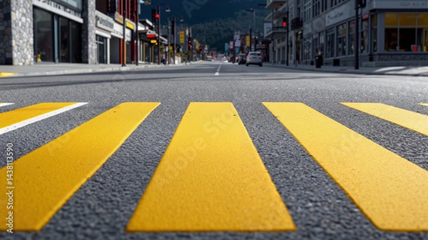 Obraz Wide view of crosswalk lines on a quiet street in a small town during daytime with mountains in the background