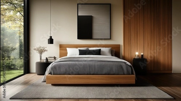 Fototapeta Serene Minimalist Bedroom Design: Modern Oak Bed, Natural Light, and Tranquil View