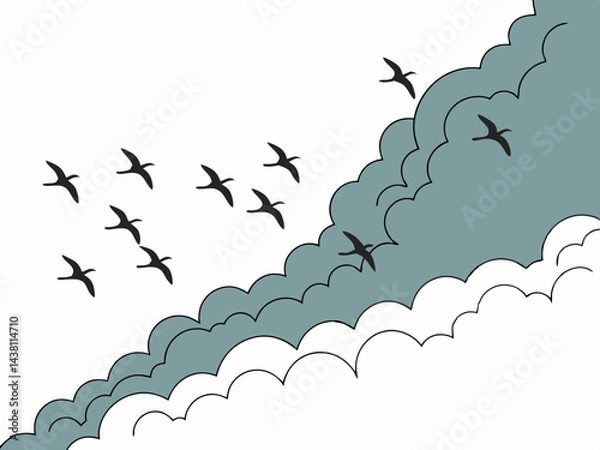 Fototapeta "Minimalist vector artwork of migrating birds forming a V, with abstract clouds and gradient background."

