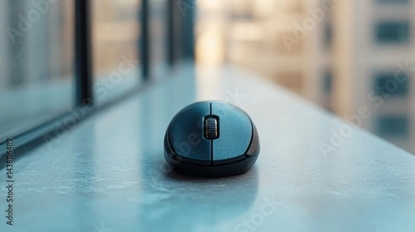 Fototapeta Close-up of a dark gray wireless computer mouse resting on a windowsill, with a blurred city background.