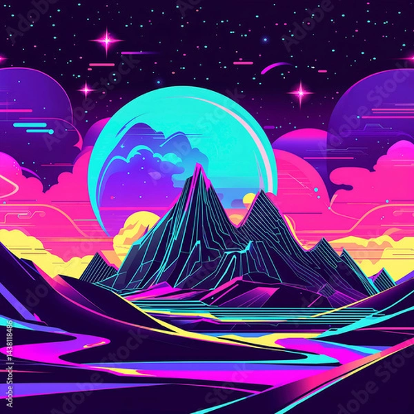 Fototapeta Vibrant mountain landscape under a colorful starry sky at night with abstract celestial elements