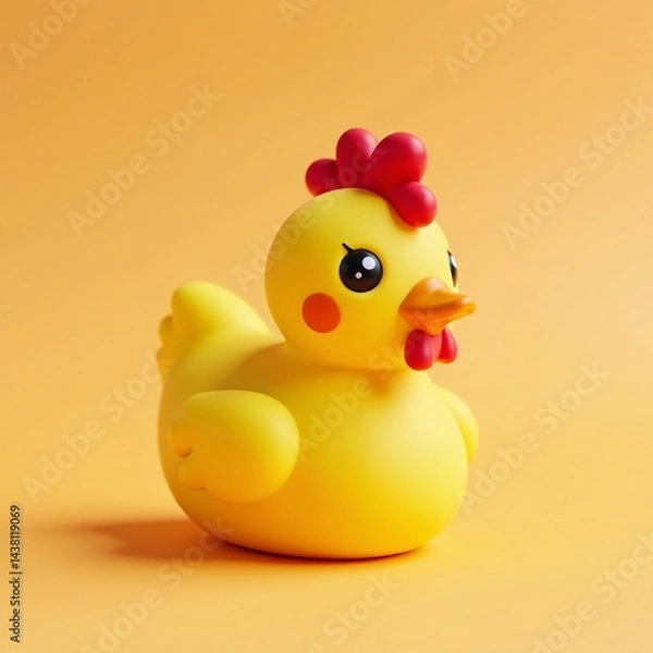 Fototapeta A cute rubber chicken toy on a vibrant yellow background, perfect for playful decor.