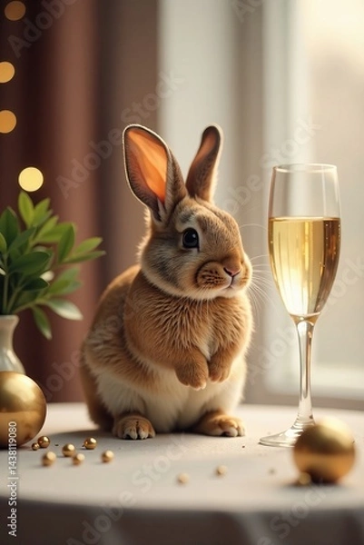 Fototapeta A cute rabbit sitting beside a champagne glass and decorative elements on a table.