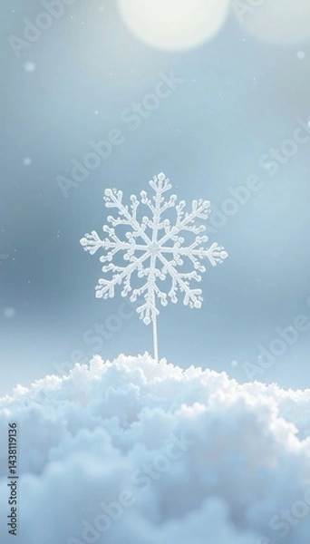 Fototapeta A delicate snowflake rests on a mound of soft snow under a gentle winter light.
