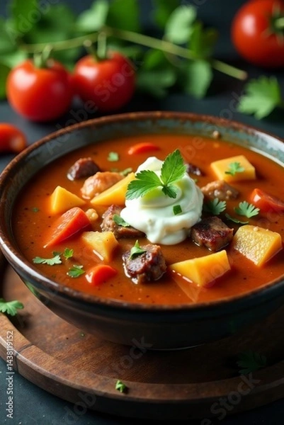 Fototapeta A delicious bowl of hearty soup with fresh ingredients and vibrant colors.
