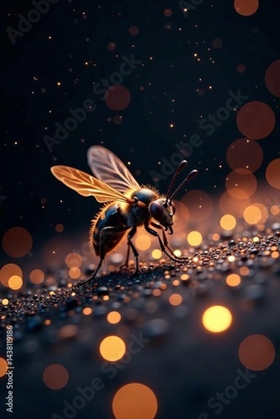 Fototapeta A detailed close-up of a bee on a shimmering surface with warm, glowing lights.