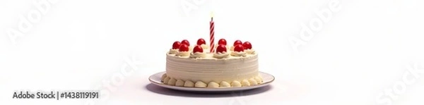 Fototapeta A delicious cake topped with cherries and a single candle for celebration.