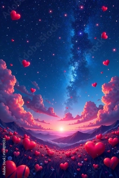 Fototapeta A dreamy landscape filled with hearts, symbolizing love and tranquility under the stars.