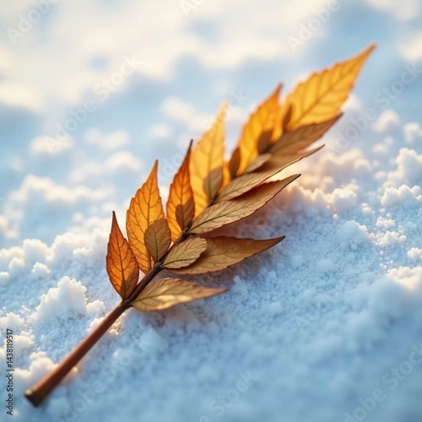 Fototapeta A golden leaf resting delicately on a blanket of fresh snow, revealing nature's beauty.