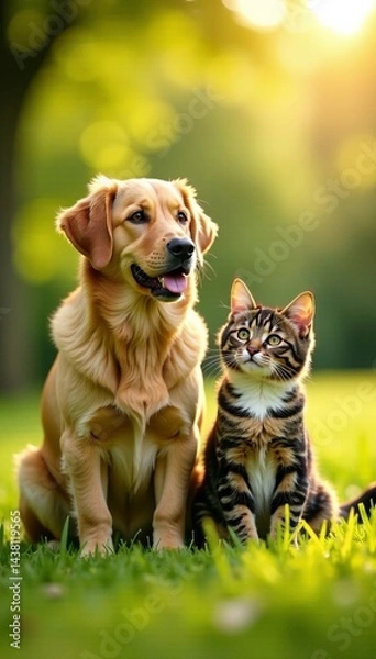 Fototapeta A happy dog and a playful cat enjoying a sunny day in a lush green park.