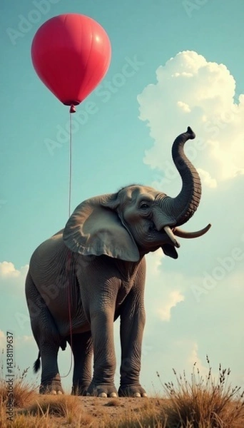 Fototapeta A joyful elephant holding a red balloon against a clear sky, capturing whimsical vibes.