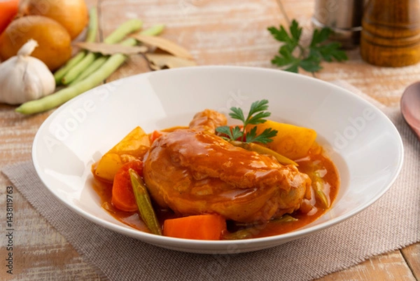 Fototapeta Asian style chicken stew in white plate.Slow cooked chicken,a rich and hearty mix of tender chicken and crispy skin smothered in gravy-like sauce.