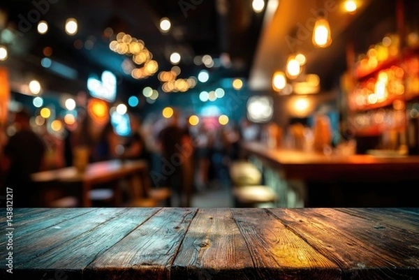 Fototapeta Busy Bar Scene, Wooden Table Top