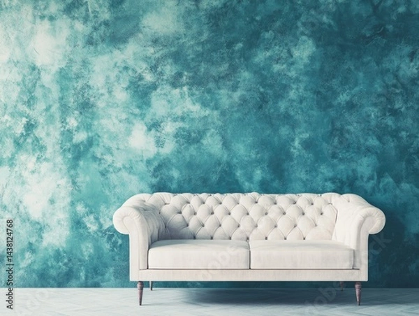 Fototapeta This image showcases a luxurious living room setting. The focal point is the rich, velvet blue textured wall that adds depth and sophistication to the space. A large, plush couch in a neutral color