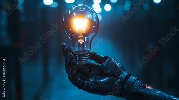 Fototapeta A robotic hand holds a glowing lightbulb, symbolizing innovation and artificial intelligence.