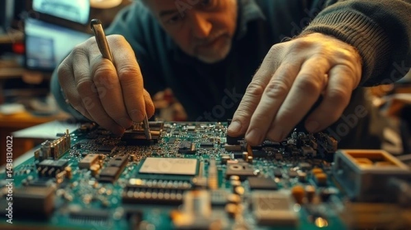 Fototapeta Close-up of a technician meticulously repairing a circuit board, using precision tools.