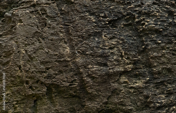 Fototapeta Close-up of a rough, dark rock surface with intricate textures and patterns