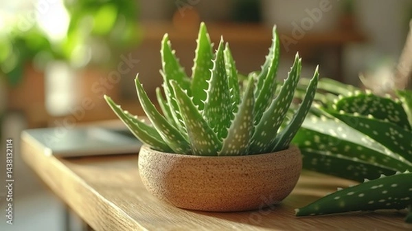 Obraz Close-up of an aloe vera plant in a pot on a wooden table, bathed in sunlight.