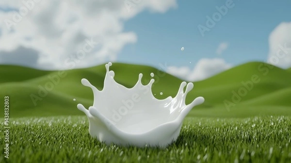 Fototapeta A drop of milk splashes on green grass with rolling hills and a cloudy sky in the background.
