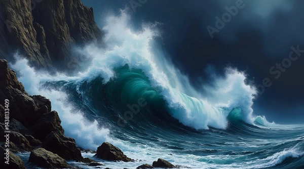 Fototapeta  Powerful ocean wave crashing against rocks, environmental disaster, water pollution, climate change, ocean danger, natural disaster, environmental impact.
