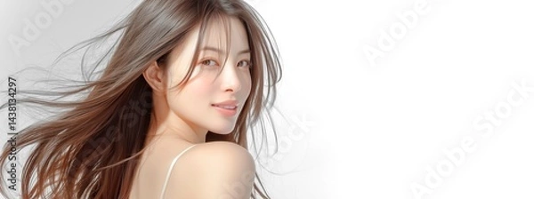 Obraz 透明感あふれる肌と輝く笑顔が魅力的な若い女性モデル。美容、ビューティー、化粧品、コスメのバナー広告に最適なコピースペースのある背景素材。