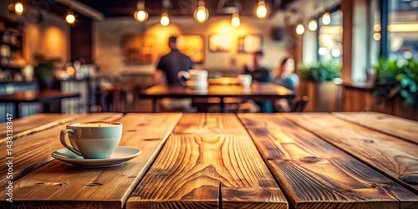 Fototapeta A single cup of coffee on a rustic wooden table in a dimly lit cafe, with blurred background of people and tables