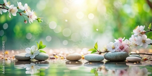 Fototapeta Serene Springtime Zen Garden with White Blossoms and Smooth Stones Reflecting in Still Water