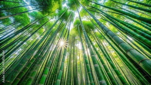 Fototapeta A low-angle view looking up through a dense bamboo forest, sunlight shining through the leaves, creating a sense of tranquility and awe