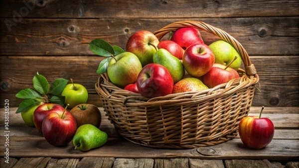 Fototapeta A wicker basket overflowing with vibrant red and green apples and pears, resting on a rustic wooden table, a testament to autumn's bounty.