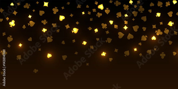 Obraz Casino background. Falling golden glowing playing cards on black background. Sparkling hearts, clubs, diamonds and spades on dark. Online gambling concept. VIP abstract vector illustration.