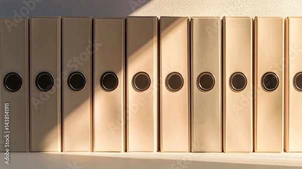 Obraz Organized rows of identical binders on a shelf office space professional setup clean environment top view minimalist concept