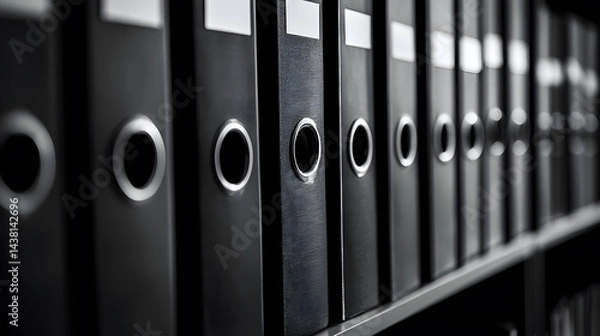 Fototapeta Organized binders displayed on shelves office setting photograph soft highlights close-up view minimalist concept